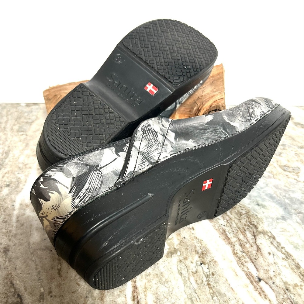 Sanita Professional Sharon Floral Leather Clogs Black White Slip Resistant 8.5